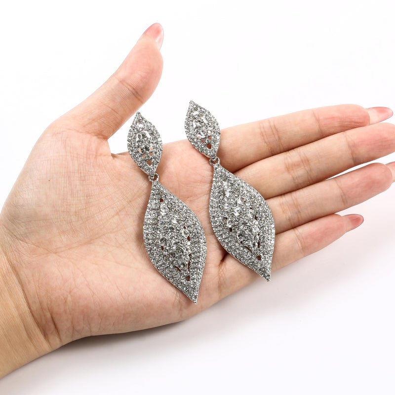 Flyonce Women's Rhinestone Crystal Wedding Bridal 2 Leaf Drop Dangle Large Long Chandelier Earrings Clear 3.3" - Image 5